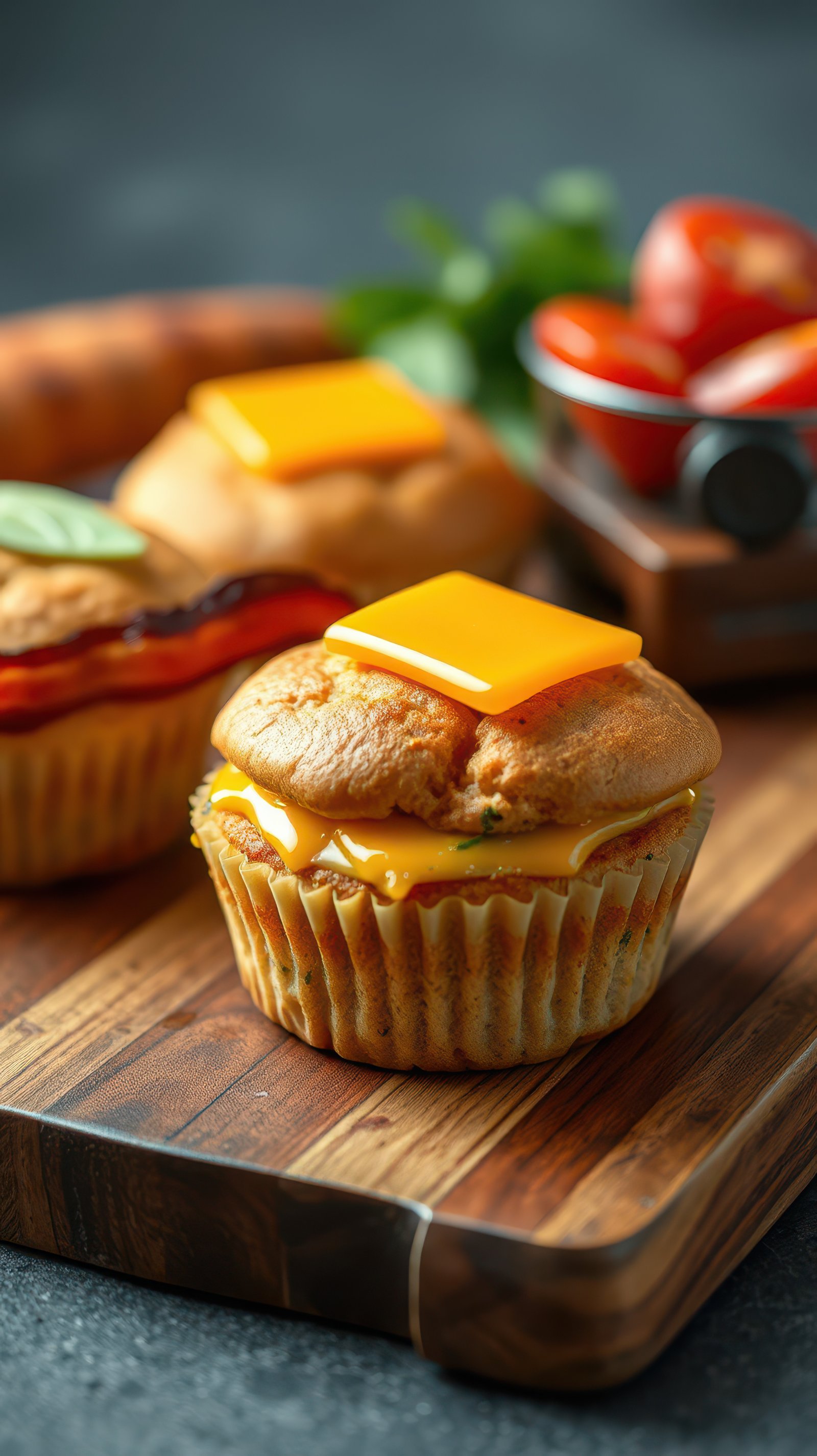Savory muffins topped with cheese and fresh vegetables on a wooden cutting board in a cozy kitchen